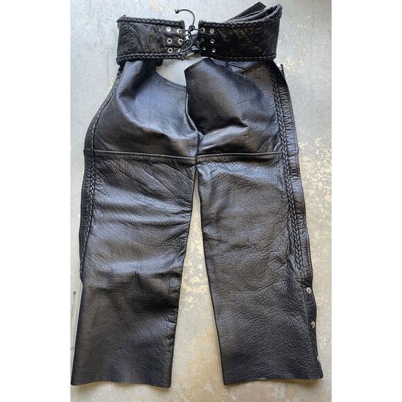 Hot Leathers Unisex Top Grain Black Leather Braided Trim Chaps Sz Small - Picture 5 of 7